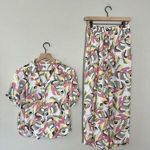 Anthropologie Jane + Delancey Geometric Two-Piece Shirt Pants Set Tropical XS